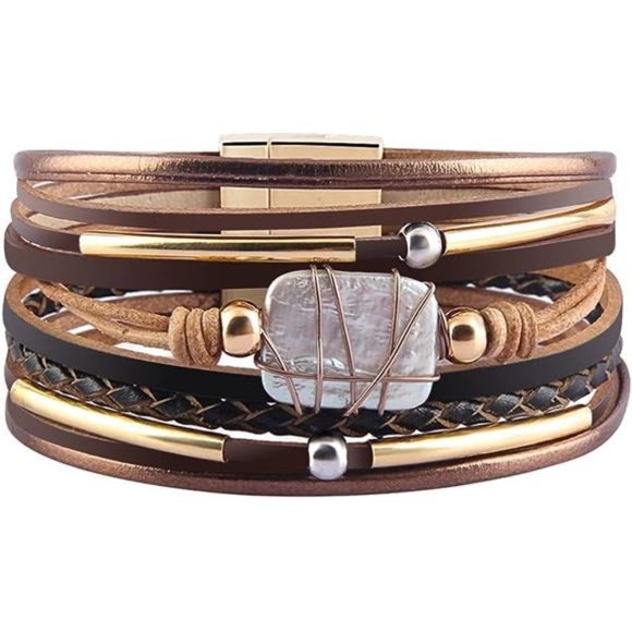 Bracelet for Women, Boho Leather Wrap Multi-Layer Pearl Crystal Bracelet Bangle - Picture 1 of 5